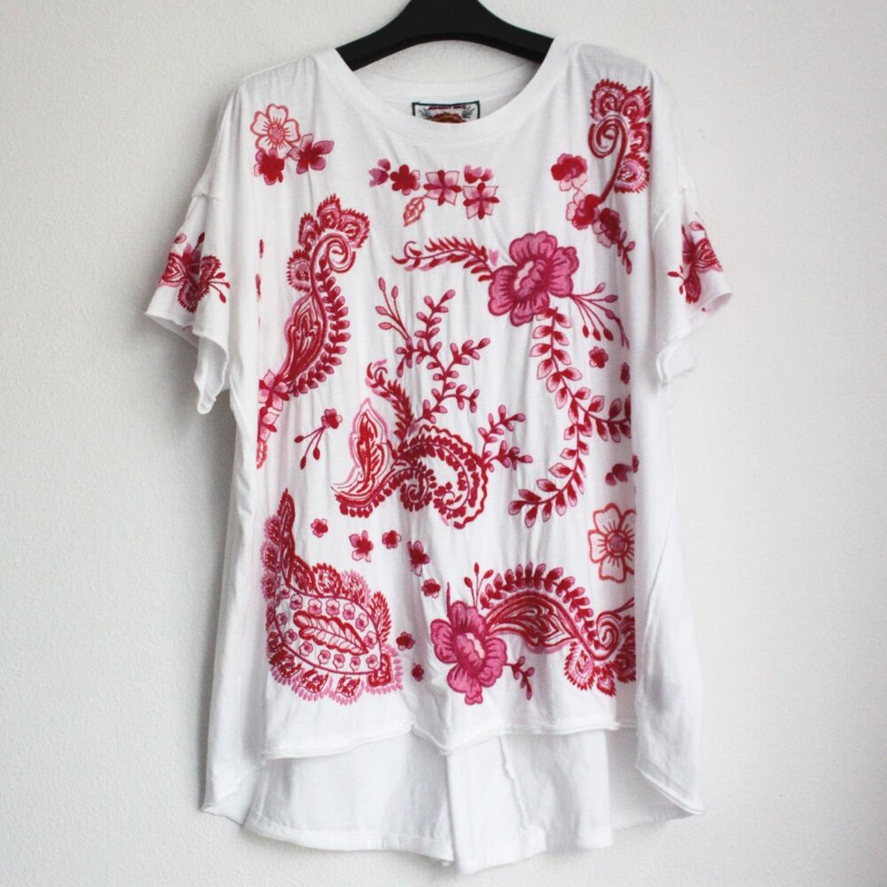 Johnny Was Raw Detail Cassia Swing Top in White, Embroidered, Size M